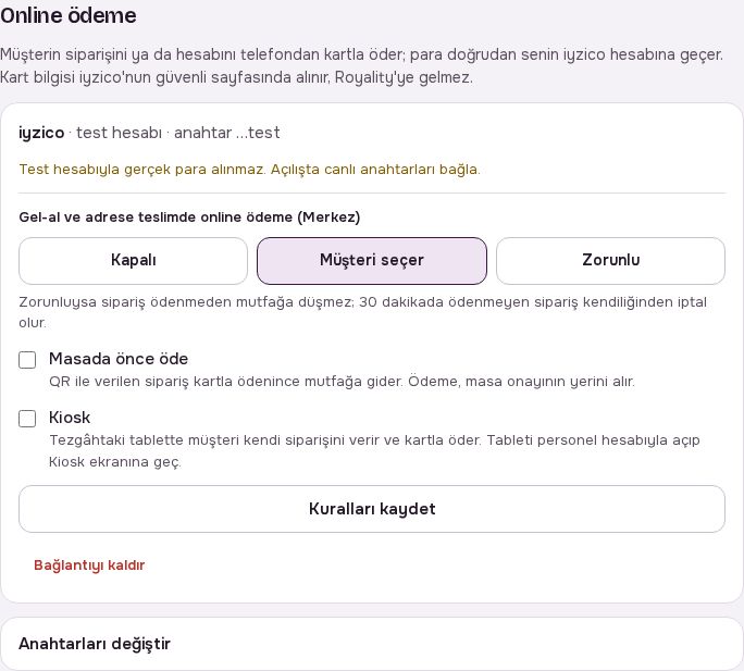 Online ödeme bölümü: iyzico hesabı ve ödeme kuralları