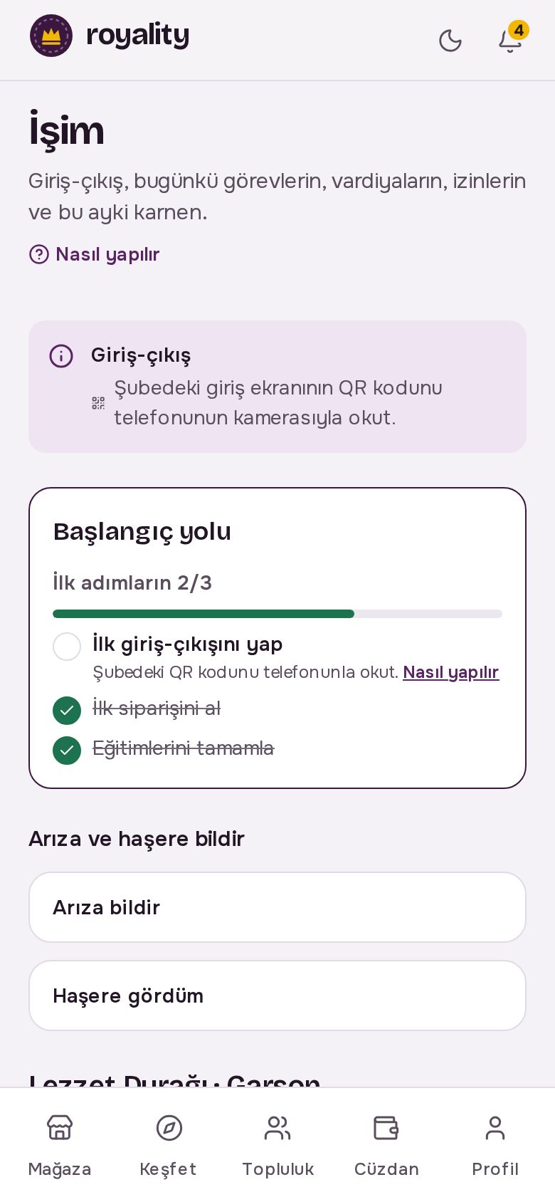 İşim ekranı: giriş-çıkış, vardiyalar ve bu ayki saatler